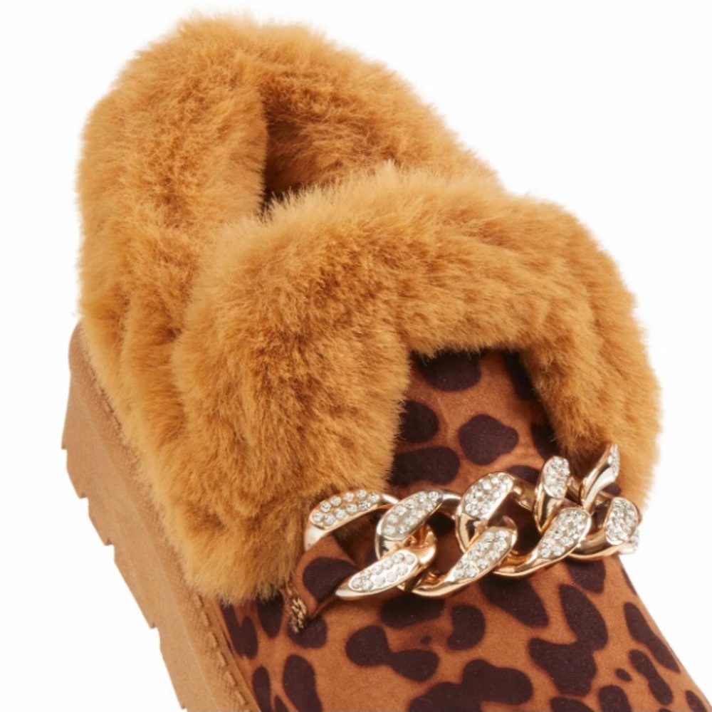Animal Print Faux Fur Slip On Moccasins with chain detail, Women's, New - Picture 5 of 13